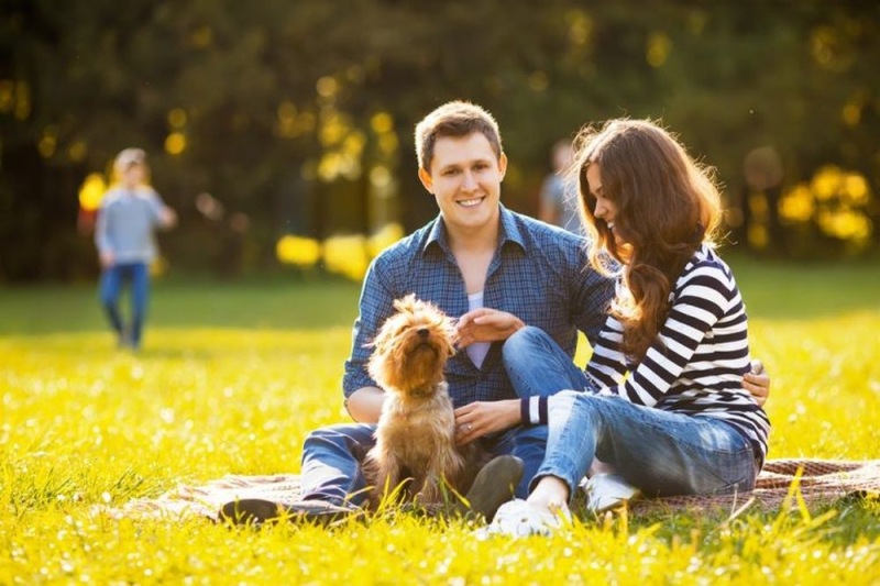 a man and woman holding a dog in a park