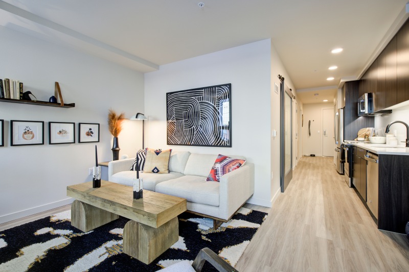 a living room with a couch and a coffee table