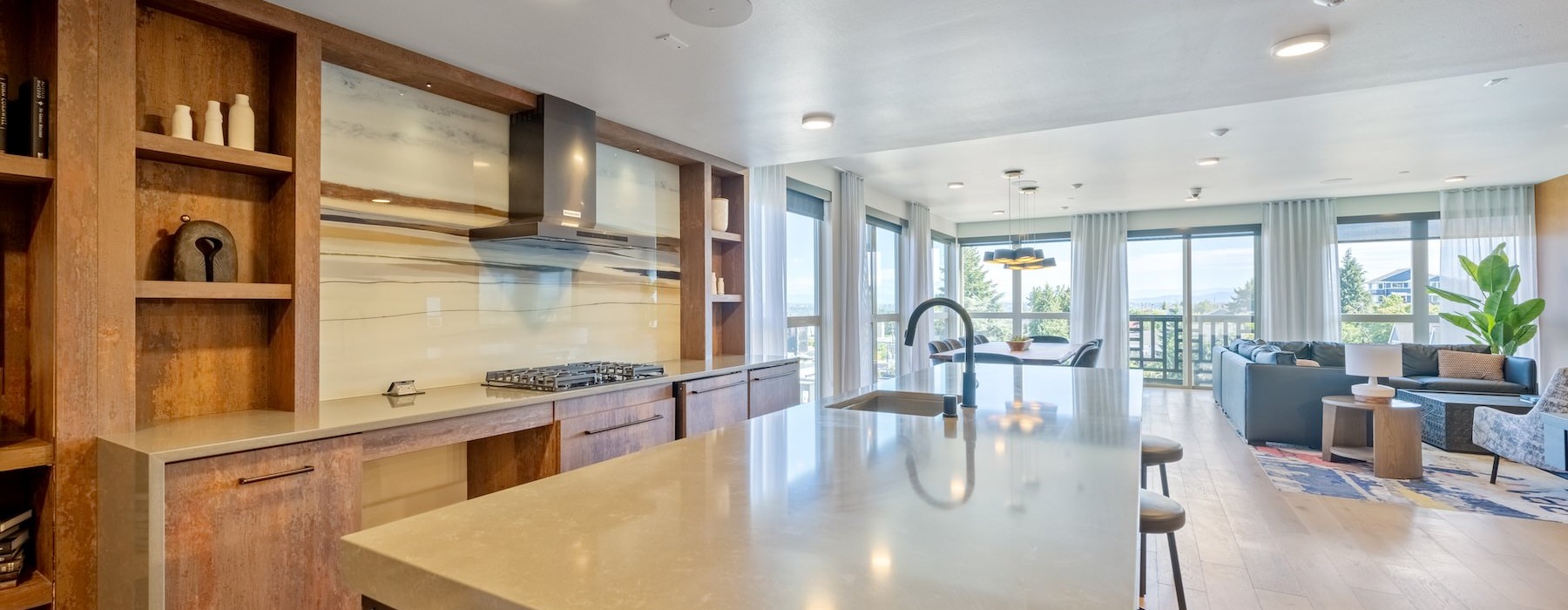 a kitchen with a large island
