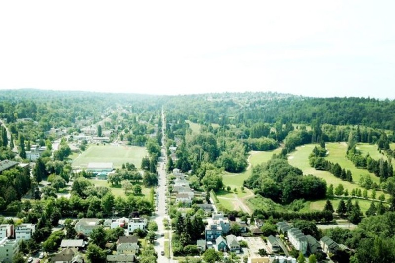 a landscape with trees and buildings