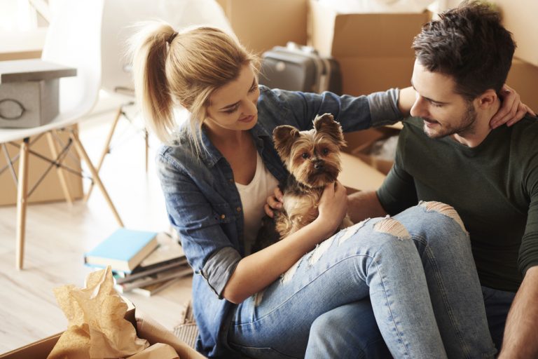 couple at their apartment with their small dog