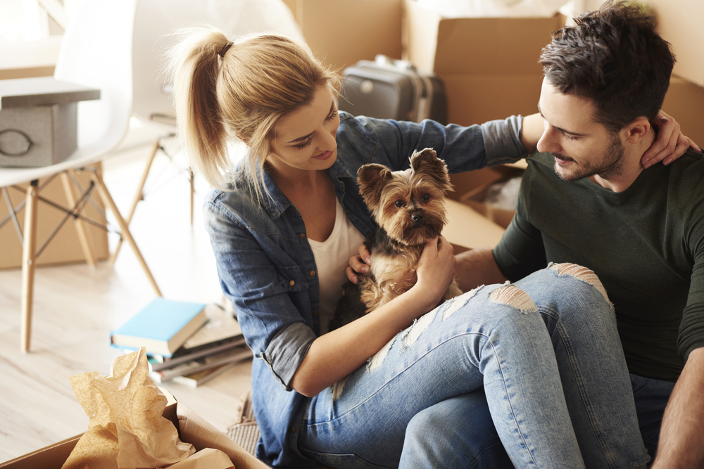 couple at their apartment with their small dog